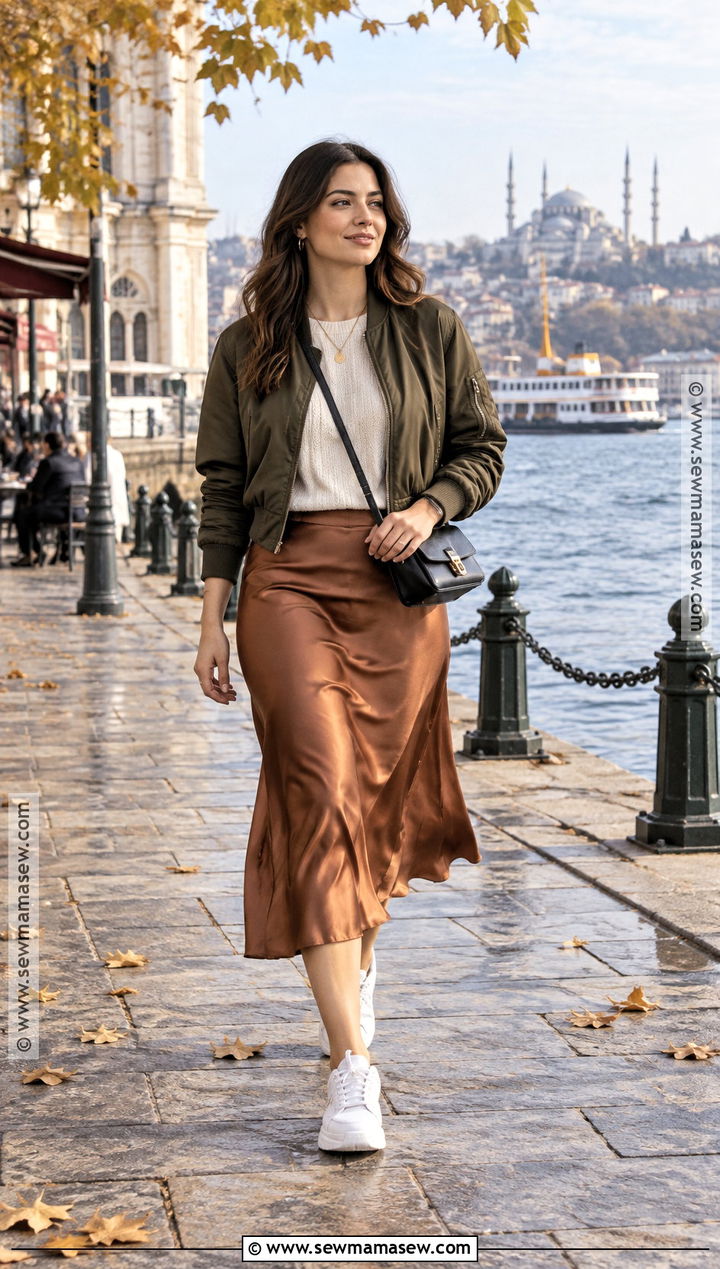Istanbul Fall Bomber Jacket And Satin Skirt Outfit - 15 istanbul fall outfit ideas