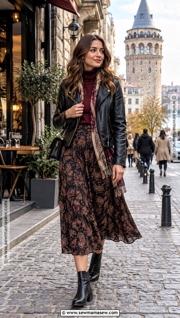 Istanbul Fall Leather Jacket And Midi Skirt Outfit - 15 istanbul fall outfit ideas