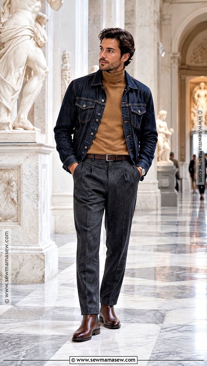 Italian Fall Denim Jacket and Turtleneck Outfit - 15 italian men fall fashion ideas