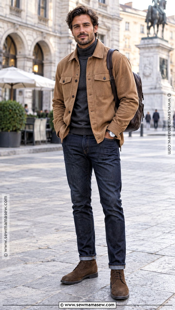Italian Fall Overshirt and Dark Jeans Outfit - 15 italian men fall fashion ideas