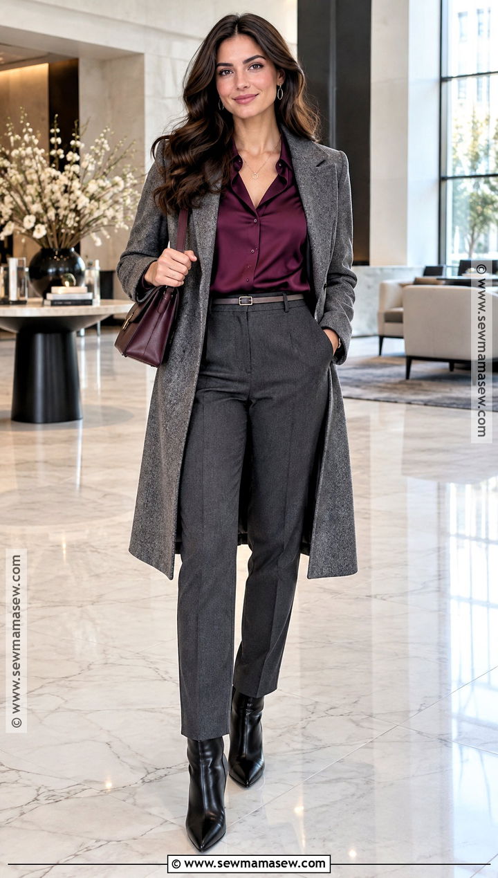 Italian Plum Blouse And Charcoal Pants Outfit - 15 fashion colors fall winter ideas 2026