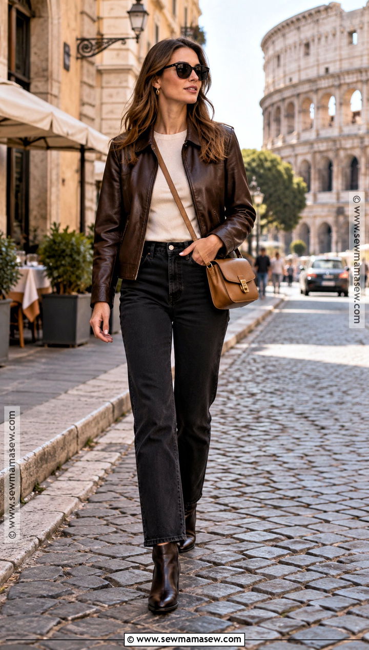 Italy Autumn Leather Jacket And Black Jeans Outfit - 25 italy outfits autumn