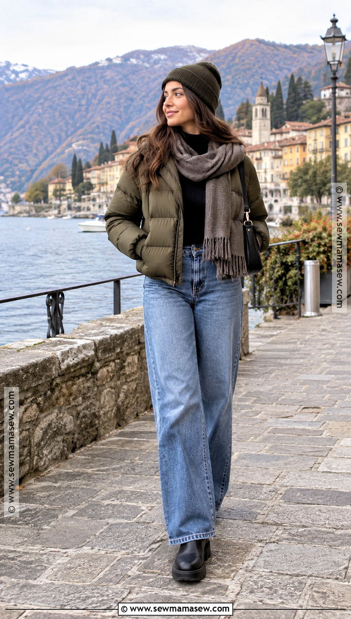 Italy Autumn Puffer Jacket and Wide Leg Jeans Outfit - 20 autumn italy outfit ideas