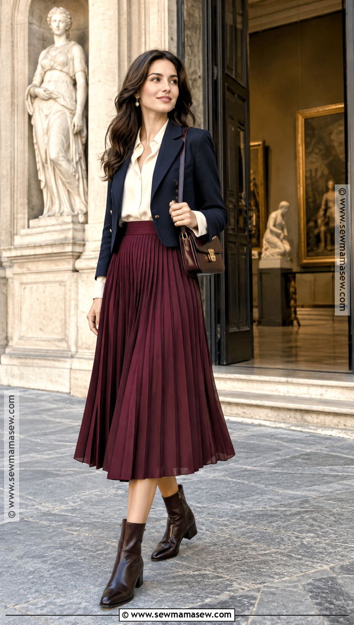 Italy Fall Blouse and Pleated Skirt Outfit - 15 italy wardrobe fall ideas