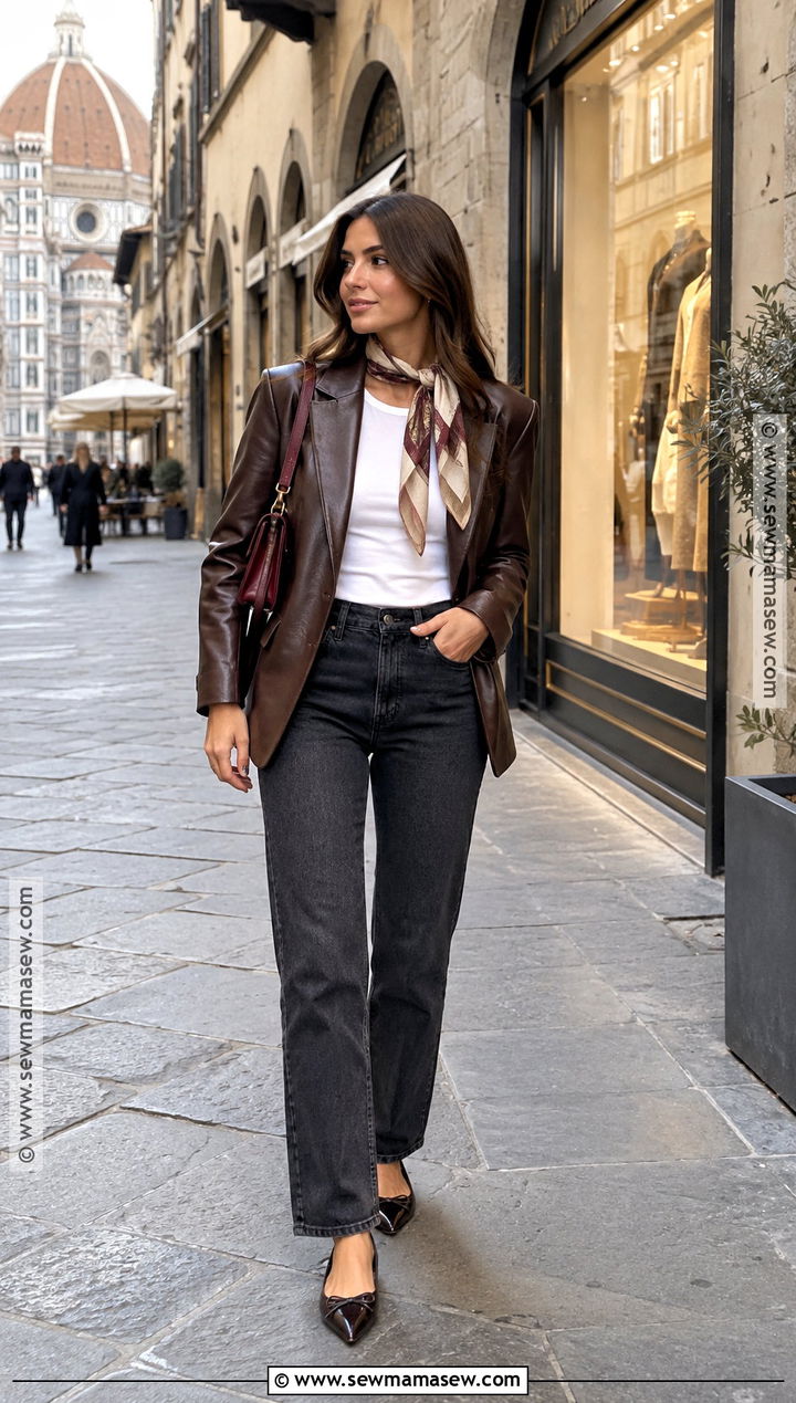 Italy Fall Leather Blazer and Dark Jeans Outfit - 20 fall italy travel outfits