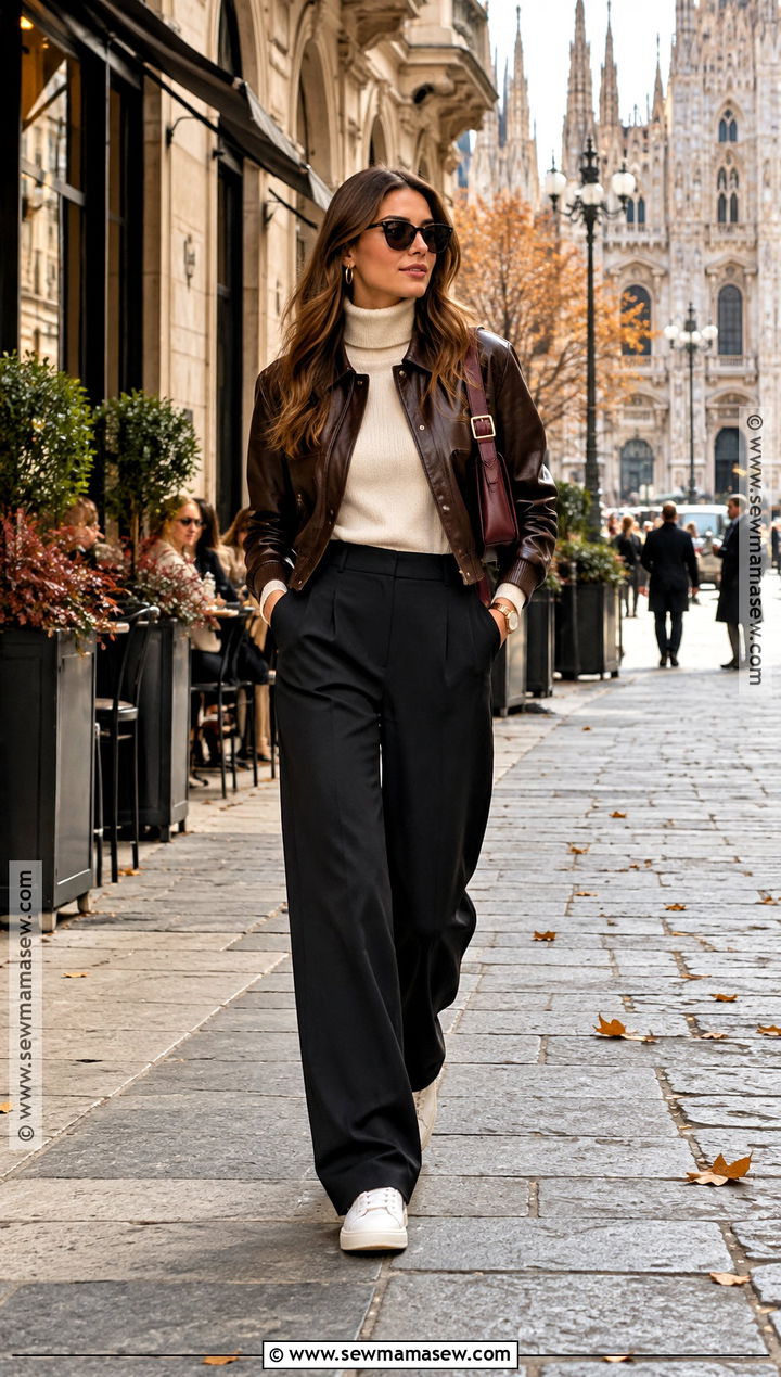 Italy Fall Outfit With Leather Jacket And Black Trousers - 15 fall outfits for italy 2026