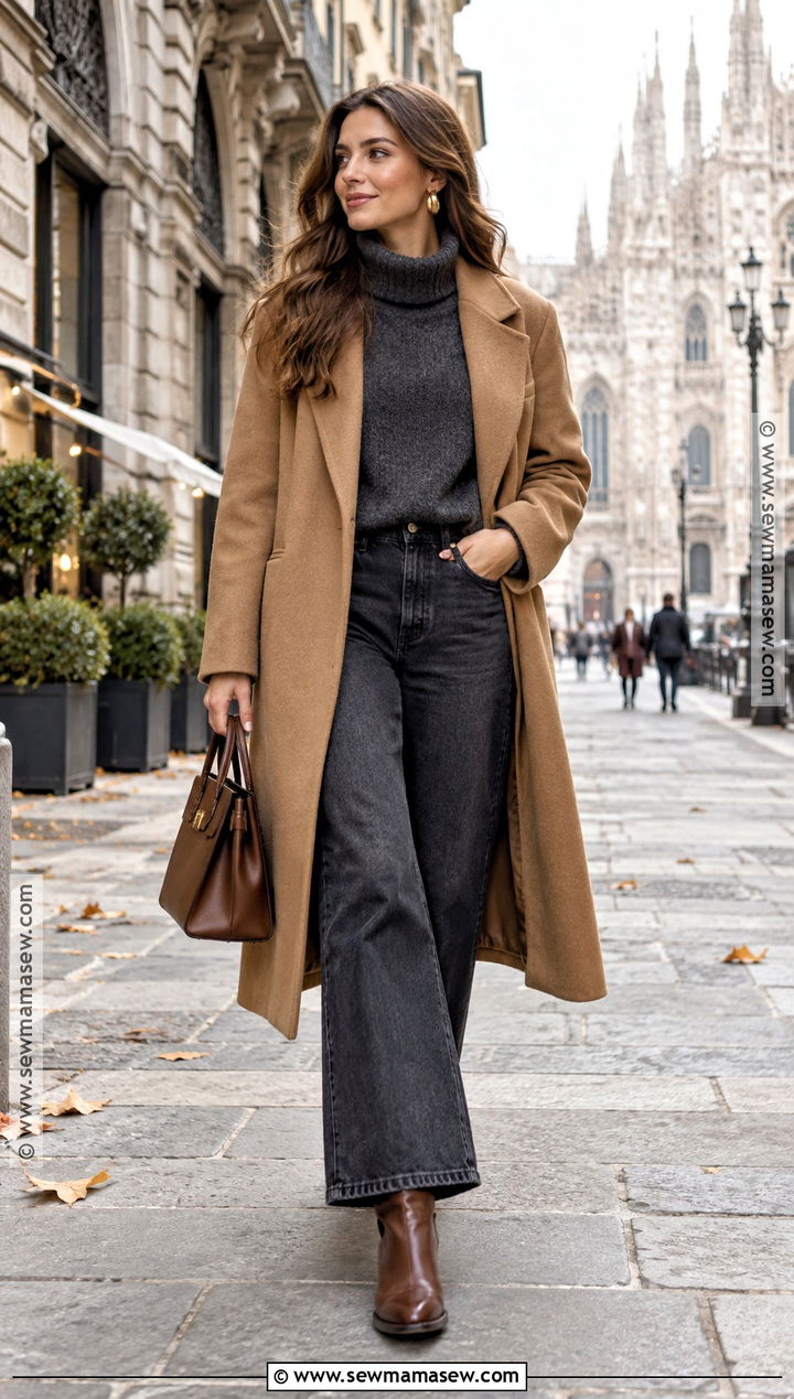 Italy Fall Outfit With Wool Coat And Wide Leg Jeans - 15 fall outfits for italy 2026