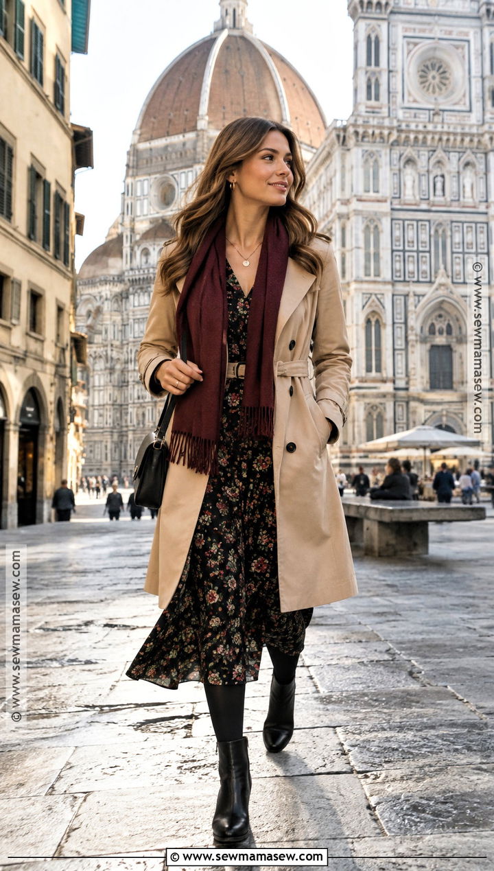 Italy November Midi Dress And Trench Outfit - 15 outfit ideas for italy in november