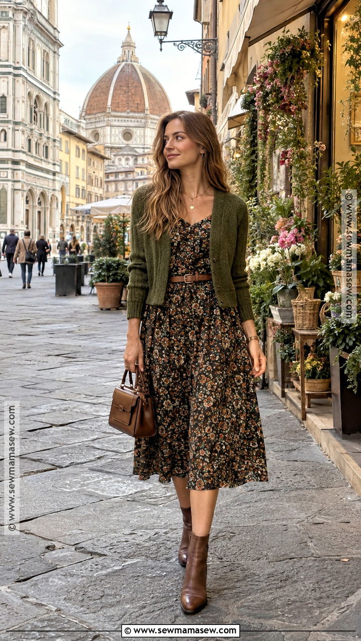 Italy October Floral Midi Dress And Cardigan Outfit - 20 Italy October Outfit Ideas for Women