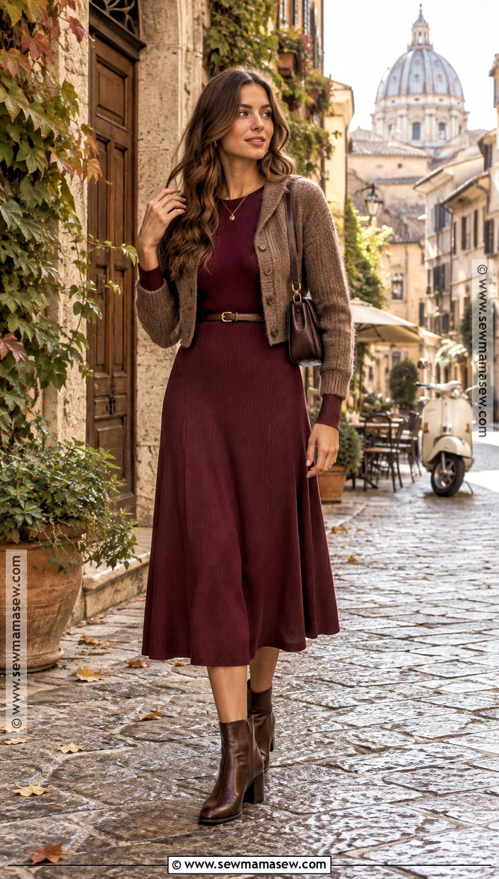Italy October Midi Dress and Ankle Boots Outfit - 20 outfits for italy in october