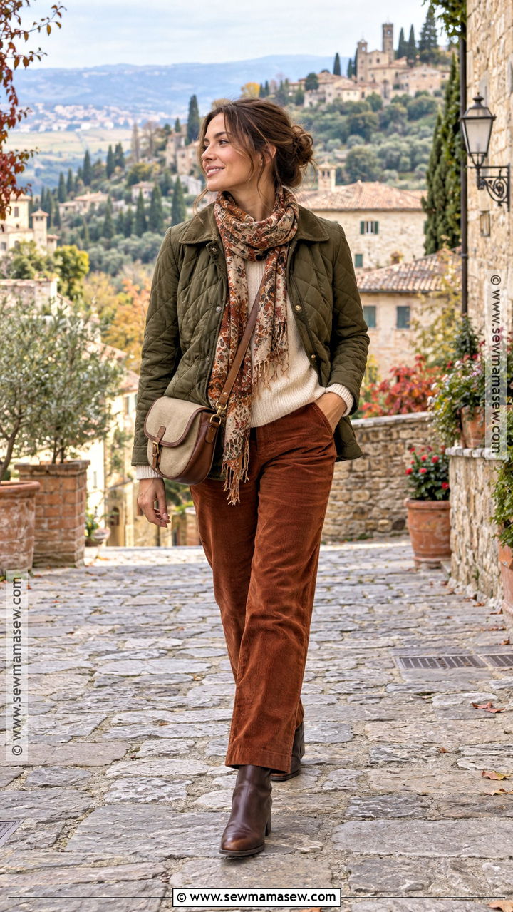 Italy October Quilted Jacket And Corduroy Pants Outfit - 20 Italy October Outfit Ideas for Women