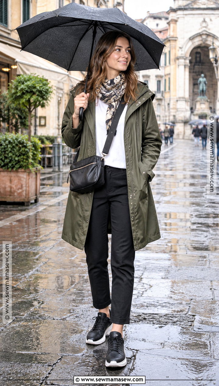 Italy Rainy Day Ankle Pants and Raincoat Outfit - 20 outfits for italy in september