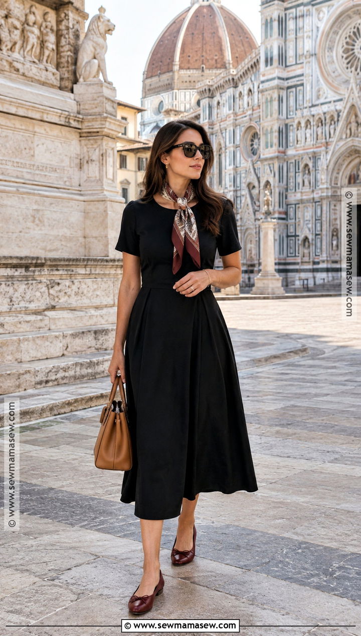 Italy September Black Midi Dress And Ballet Flats Outfit - 20 Italy September Outfit Ideas