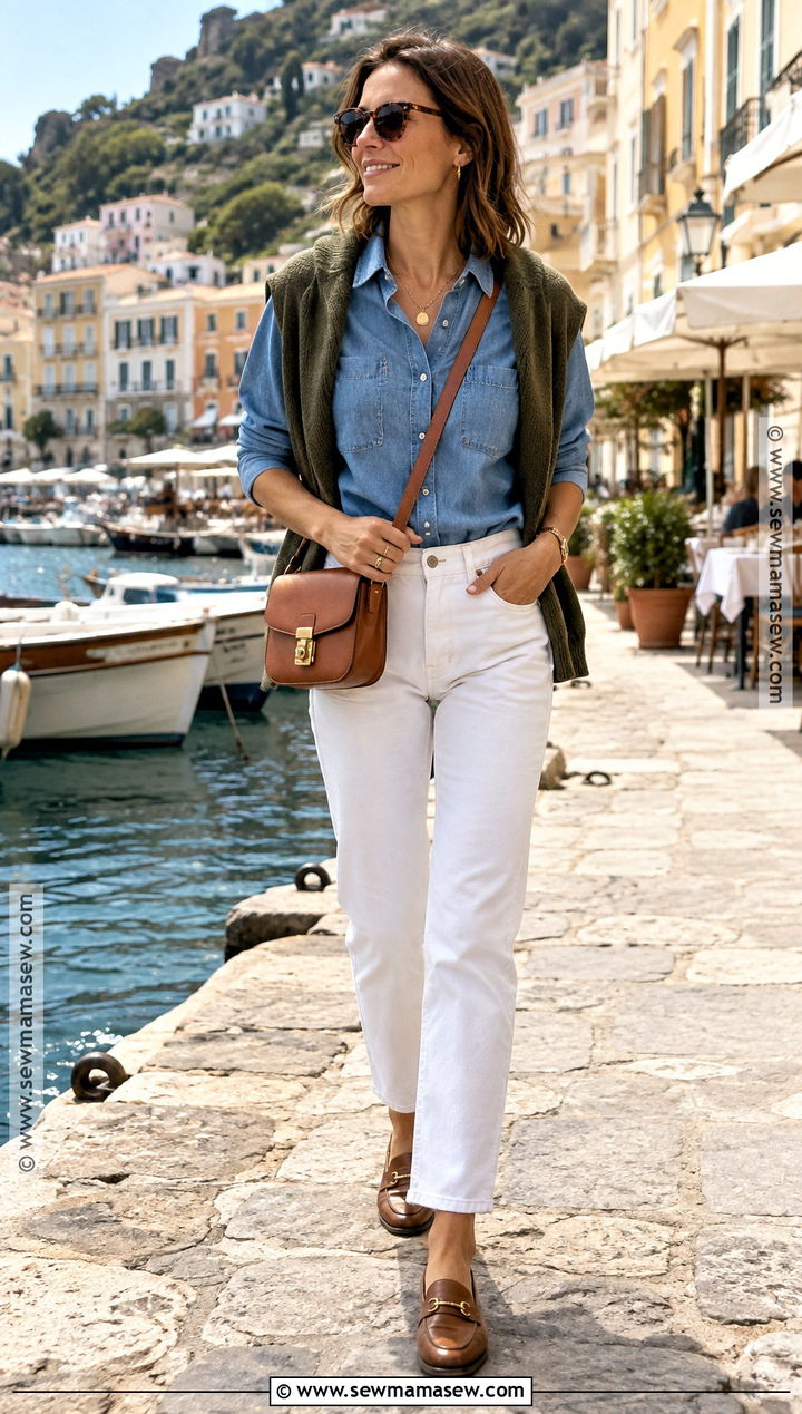 Italy September Chambray Shirt And White Jeans Outfit - 20 Italy September Outfit Ideas