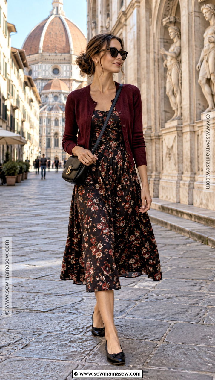 Italy September Floral Midi Dress And Cardigan Outfit - 20 Italy September Outfit Ideas