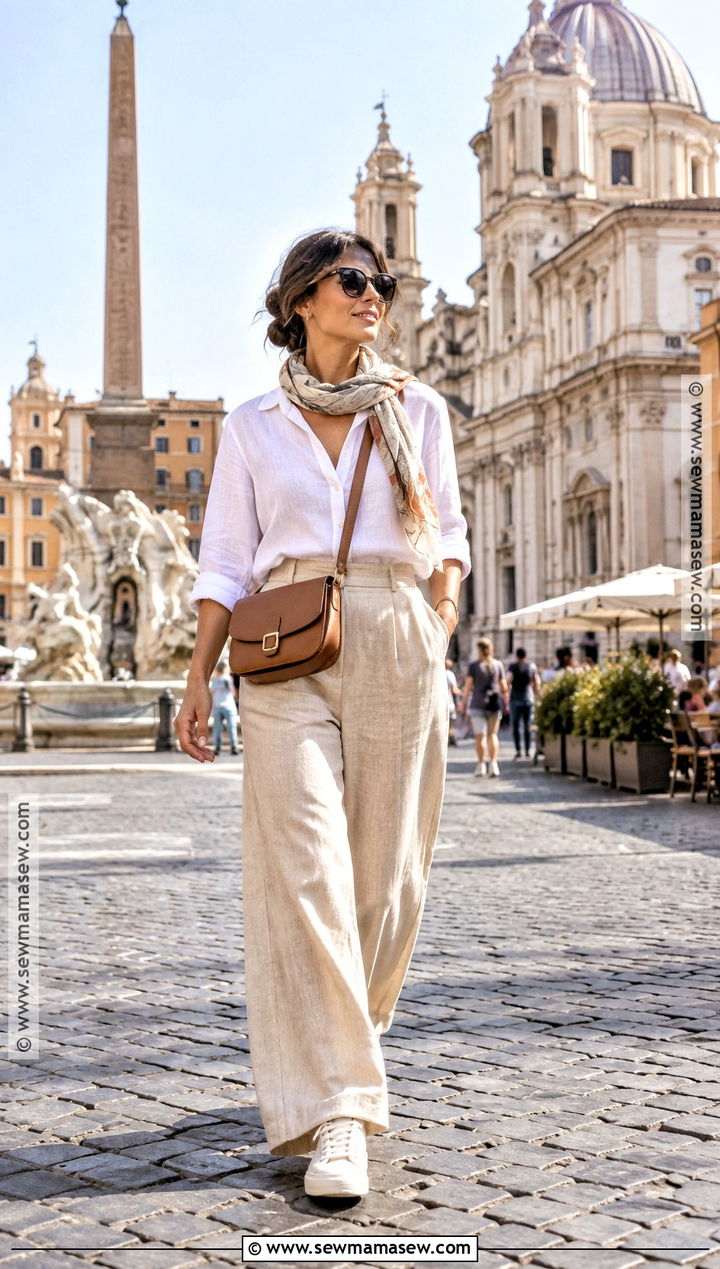 Italy September Linen Shirt And Wide Leg Trousers Outfit - 15 clothes for italy in september