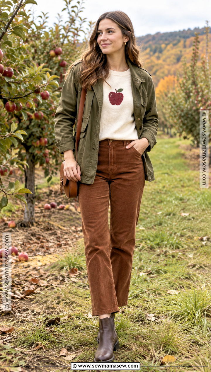 Ivory Apple Embroidered Sweatshirt Outfit With Corduroy Jeans - 20 Fall Embroidered Sweatshirts Ideas