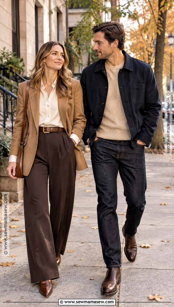 Ivory Blouse And Brown Wide Leg Trousers Fall Couples Photoshoot Outfit - 15 couples photoshoot fall outfit ideas
