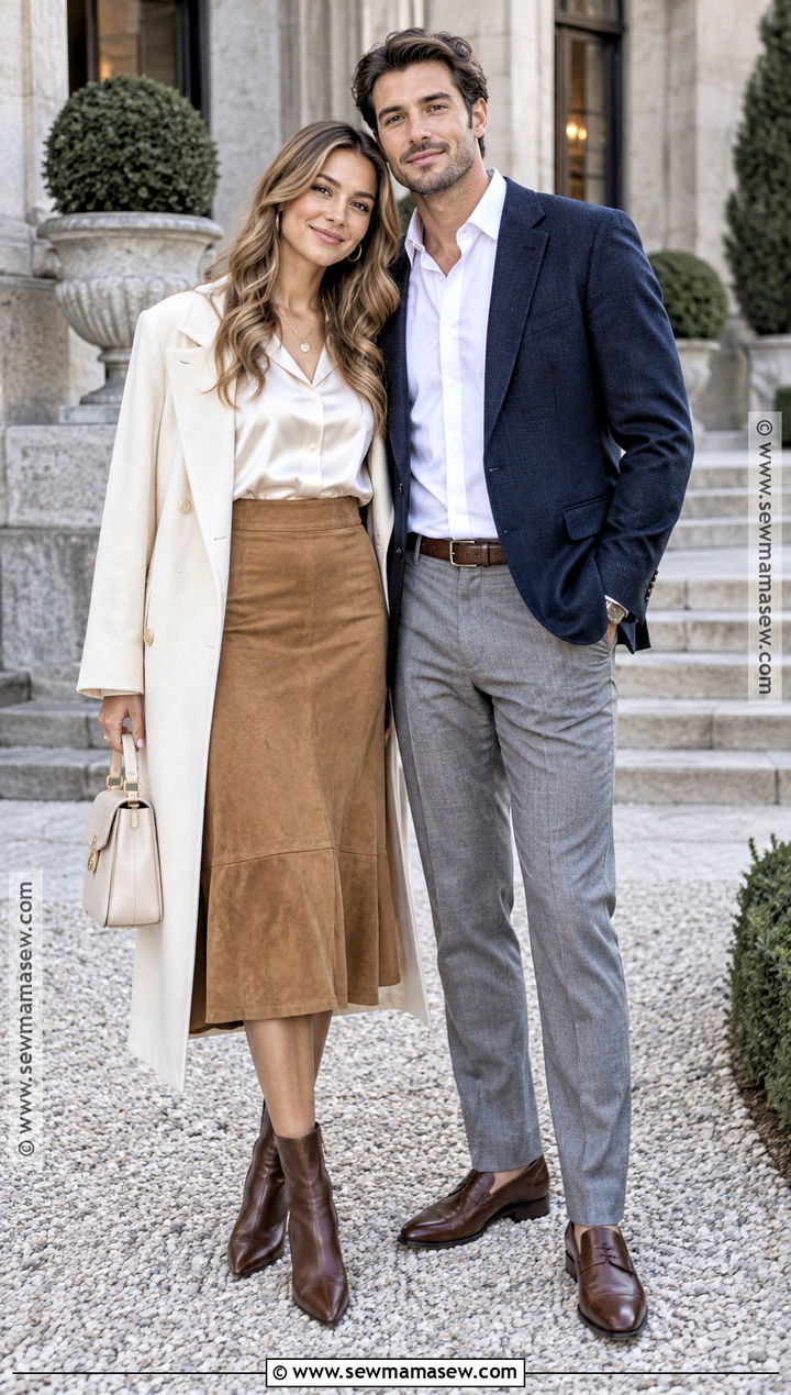 Ivory Blouse And Suede Skirt Fall Engagement Outfit - 15 Outfits For Fall Engagement Pictures