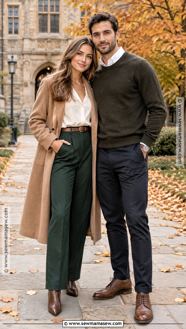 Ivory Blouse And Tailored Trousers Fall Engagement Photoshoot Outfit - 15 engament photoshoot outfit fall ideas