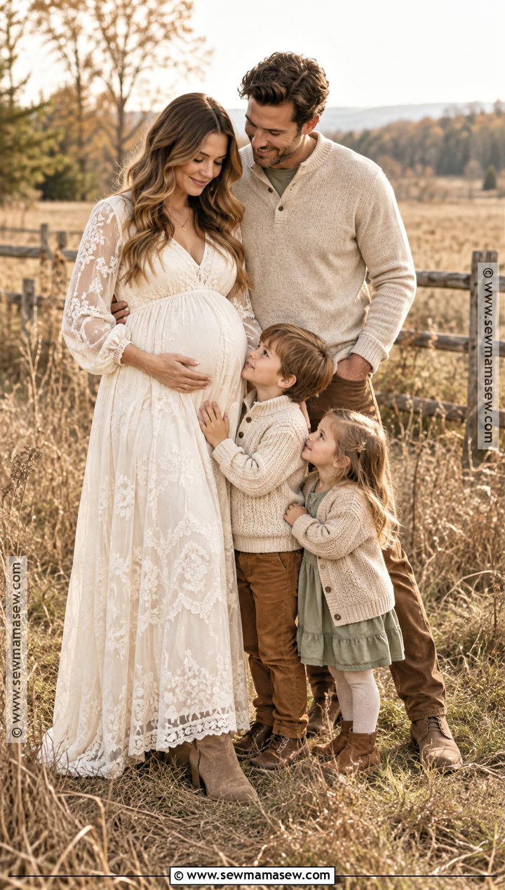 Ivory Boho Maternity Maxi Dress With Textured Neutrals - 15 fall family maternity pictures outfits