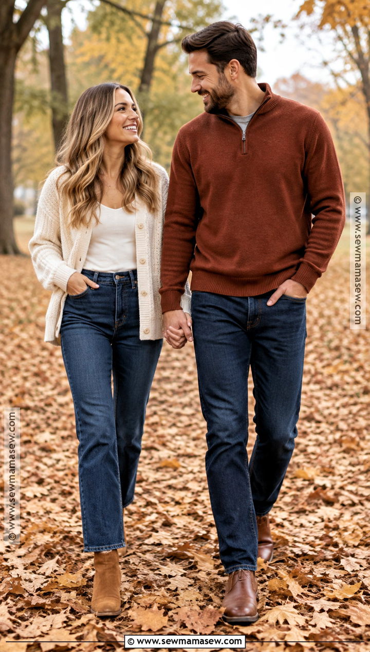 Ivory Cardigan And Dark Jeans Fall Couples Photoshoot Outfit - 15 couples photoshoot fall outfit ideas