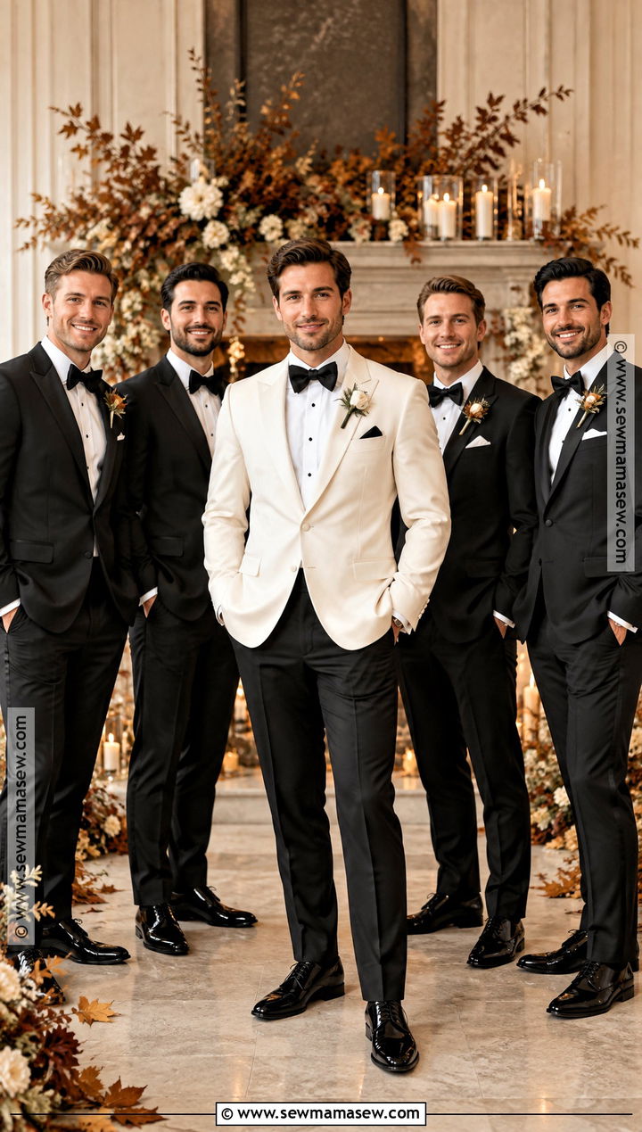 Ivory Dinner Jacket Groom With Black Tuxedo Groomsmen - 15 groom and groomsmen attire fall wedding ideas