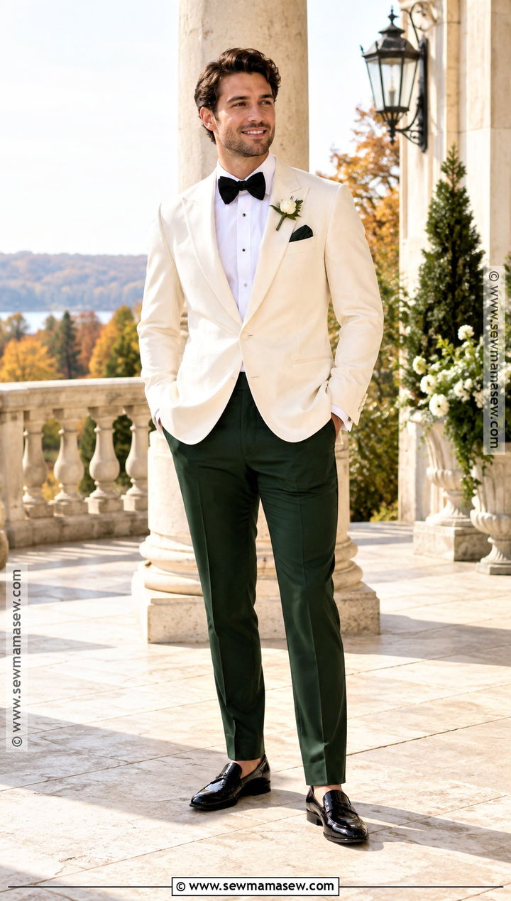 Ivory Dinner Jacket With Dark Green Pants - 15 fall wedding tux groom attire green ideas