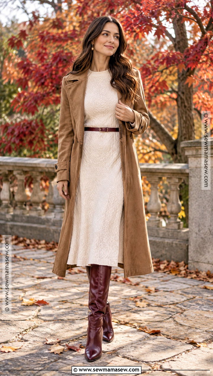 Ivory Dress And Burgundy Boots Engagement Photo Outfit - 15 fall outfits women engagement photos