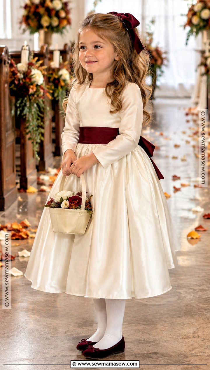 Ivory Dress With Burgundy Sash - 15 November Flower Girl Dresses