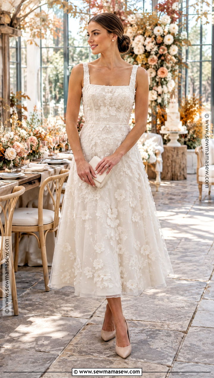 Ivory Floral Applique Midi Dress - 20 fall bridal shower dress for bride ideas