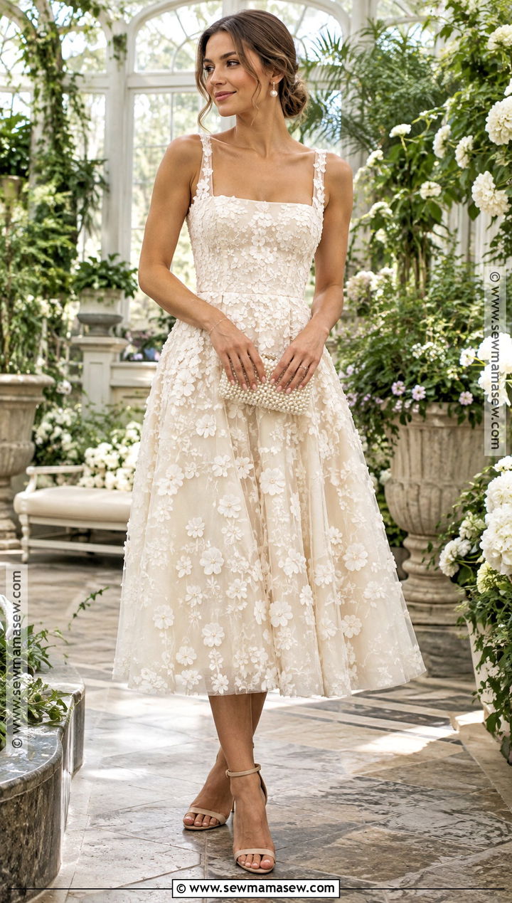Ivory Floral Applique Midi Fall Engagement Party Dress - 15 fall engagement party dress ideas