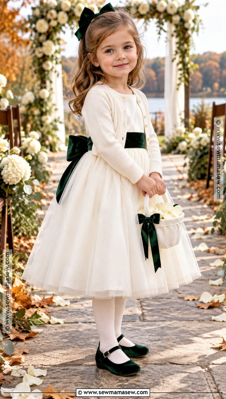 Ivory Flower Girl Dress With Forest Green Bow - 15 Fall Wedding Flower Girl Dress Ideas