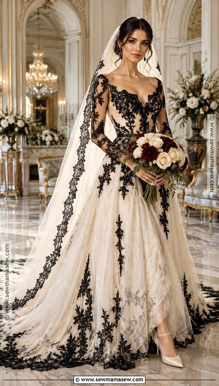 Ivory Gothic Wedding Dress With Black Lace - 15 Gothic Fall Wedding Dress Ideas