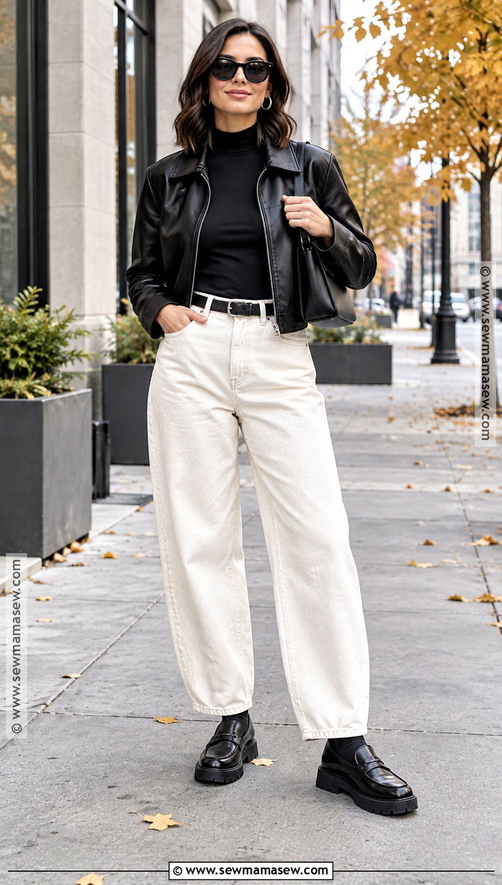 Ivory Jeans With Black Leather Jacket and Loafers - 15 ivory jeans outfit fall