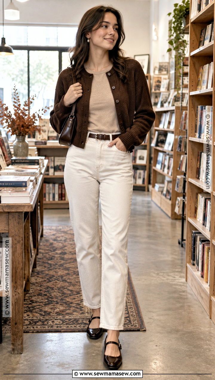 Ivory Jeans With Chocolate Cardigan and Mary Janes - 15 ivory jeans outfit fall