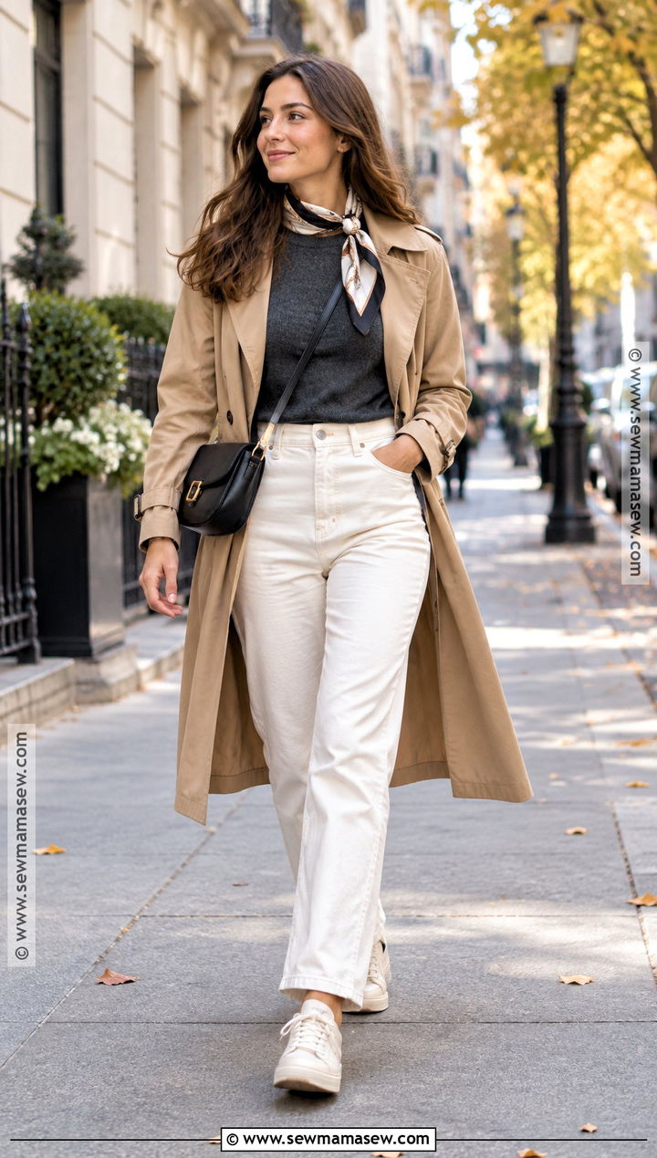 Ivory Jeans With Trench Coat and Sneakers - 15 ivory jeans outfit fall