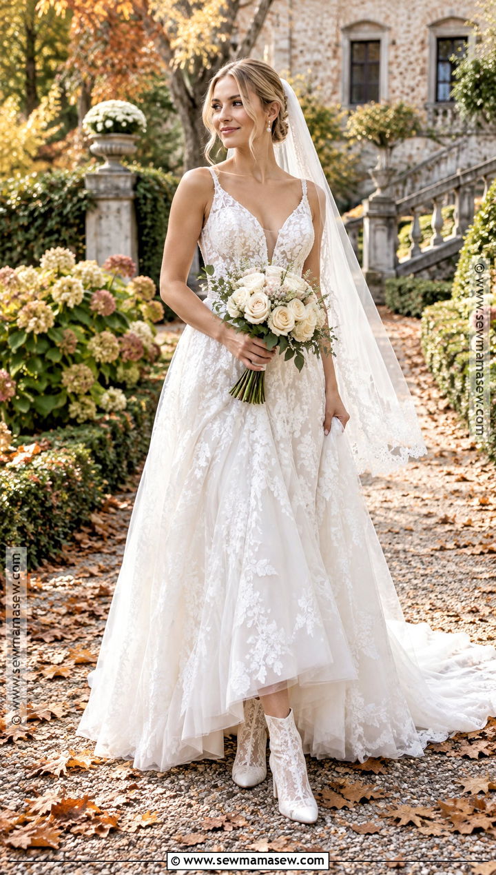 Ivory Lace Bridal Boots With A Line Wedding Dress - 15 fall wedding boots for bride