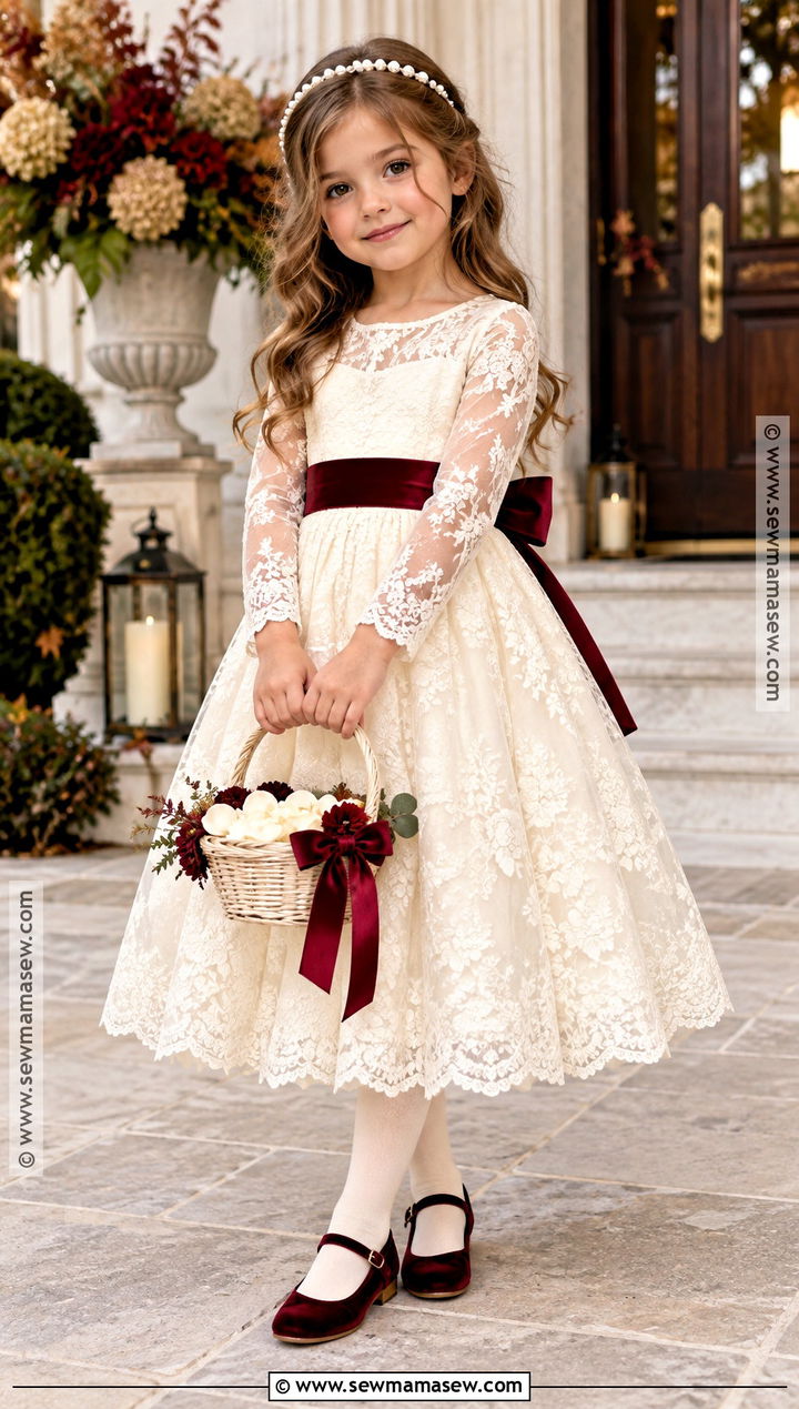 Ivory Lace Flower Girl Dress With Burgundy Sash - 20 Fall Wedding Flower Girl Dresses