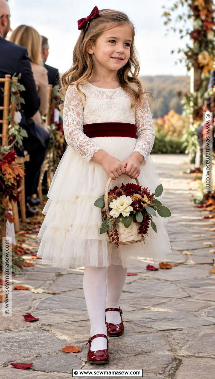 Ivory Lace Flower Girl Dress With Burgundy Sash - 15 Fall Wedding Flower Girl Dress Ideas