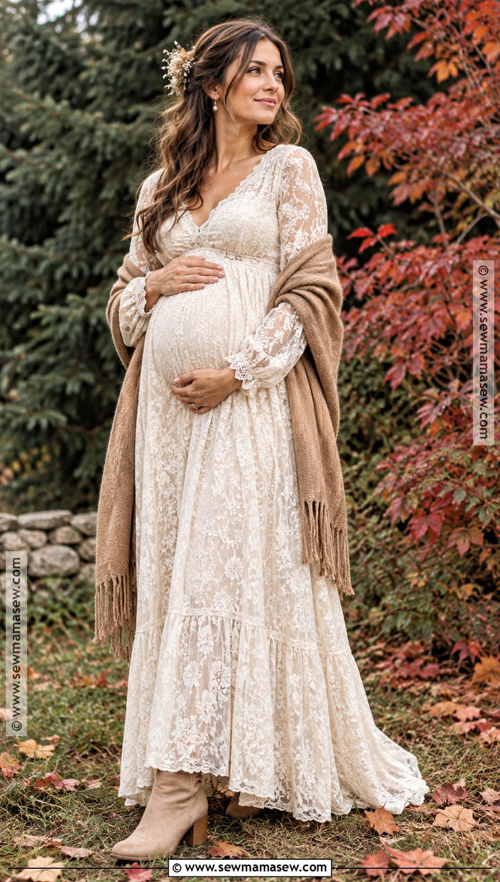Ivory Lace Maternity Maxi Dress - 15 fall maternity dresses for photoshoot