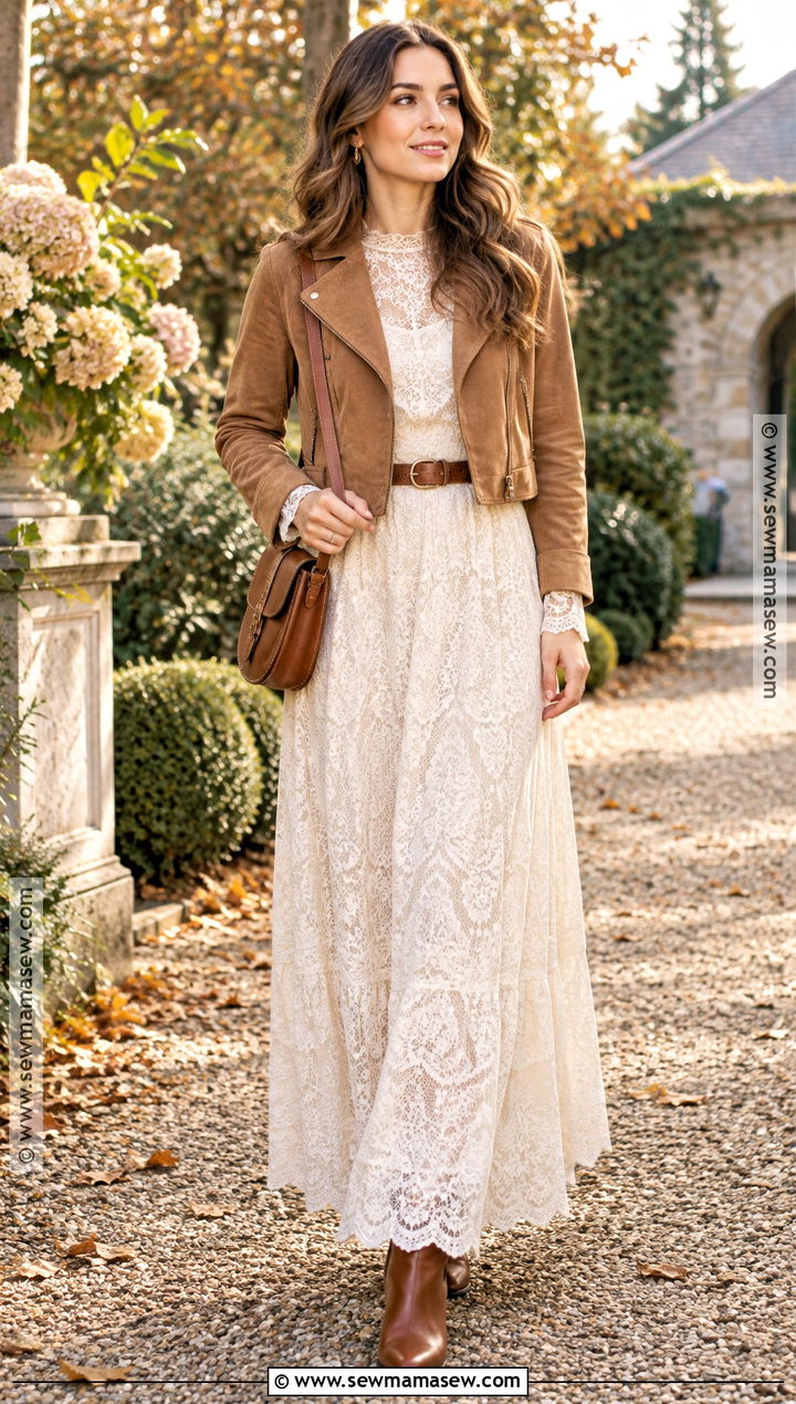 Ivory Lace Maxi Dress With Suede Jacket - 15 fall lace dress ideas