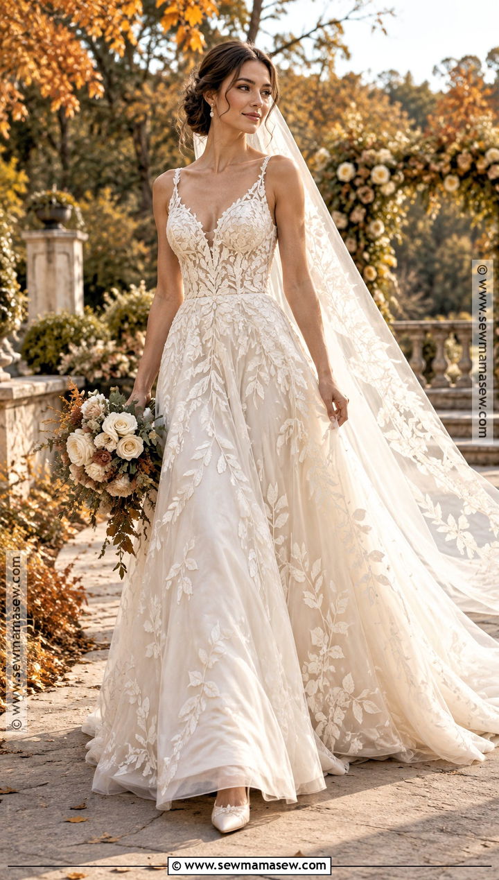 Ivory Leaf Embroidery A Line Wedding Dress - 15 Autumn Leaf Wedding Dress Ideas