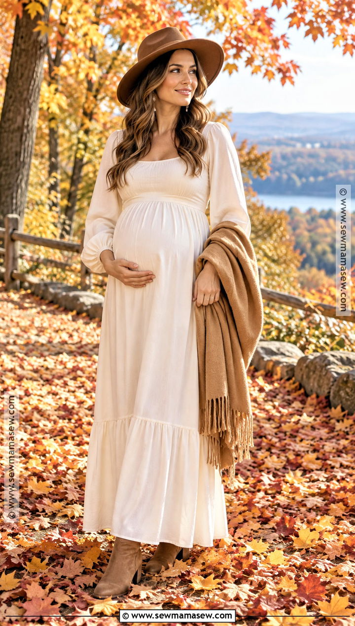 Ivory Maternity Maxi Dress With Brown Hat - 20 Fall Maternity Photoshoot Outfits