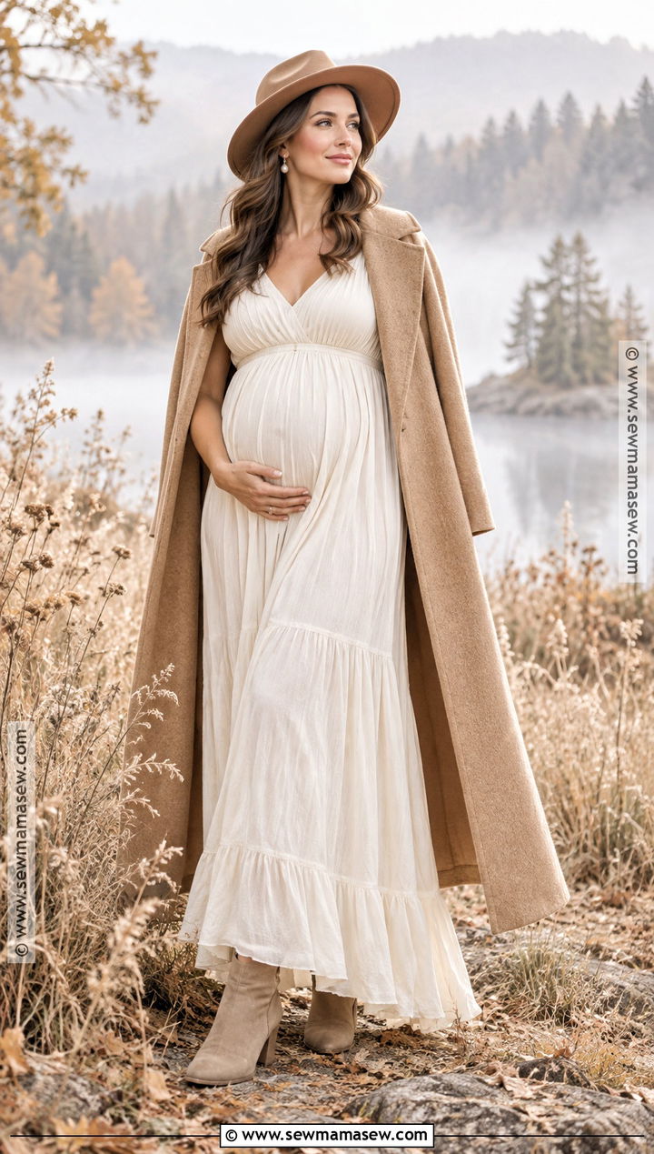 Ivory Maternity Maxi Dress With Wool Cape And Hat - 15 fall maternity photos with hat ideas