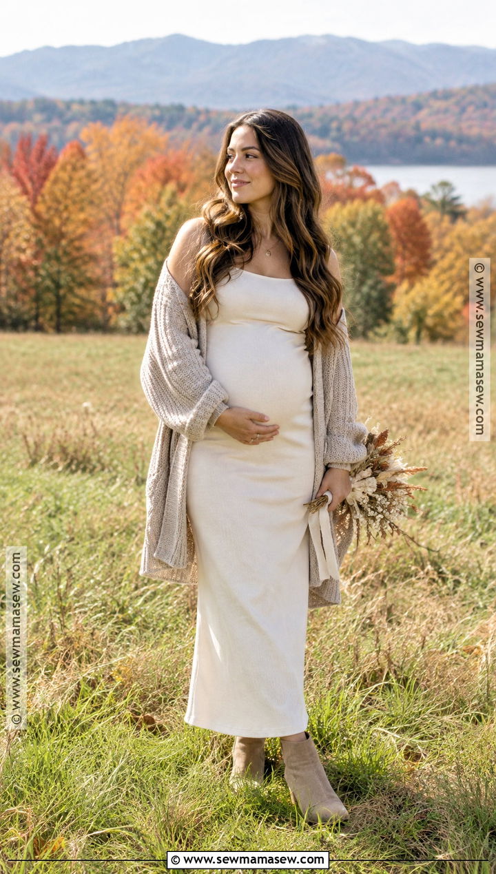 Ivory Maxi Dress With Chunky Knit Cardigan - 15 Maternity Photography Outfits Fall