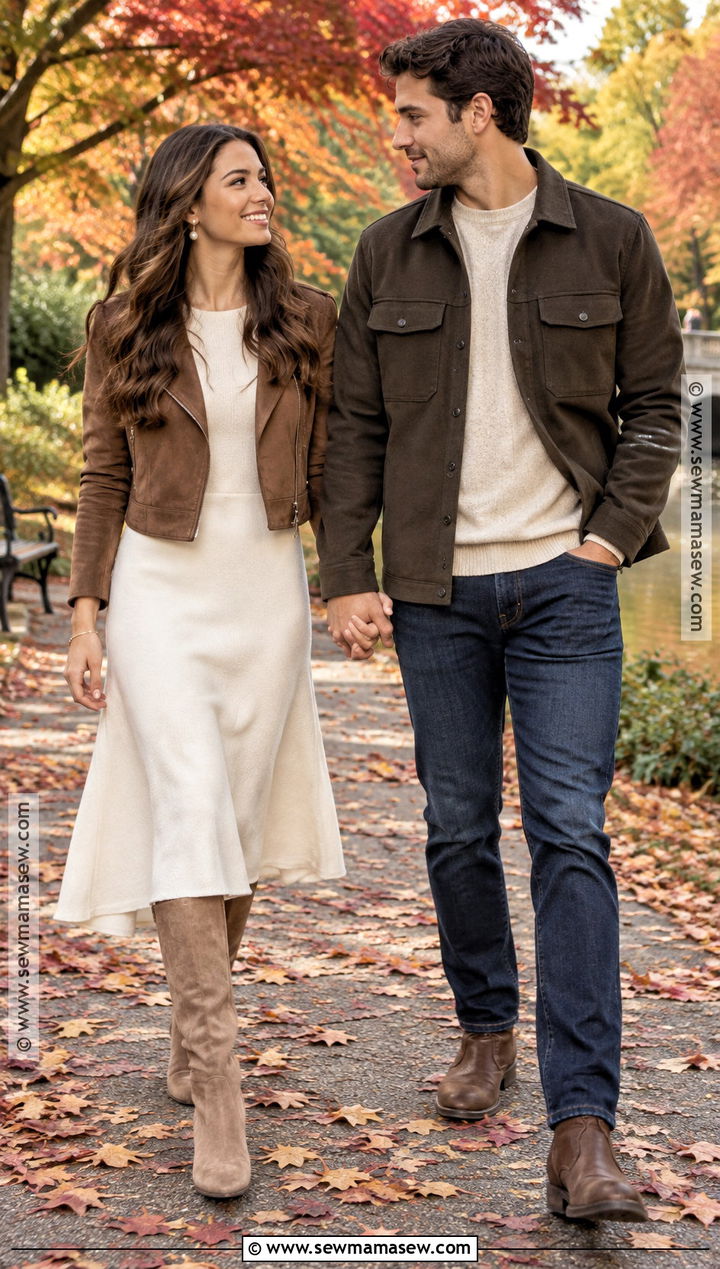 Ivory Midi Dress And Brown Jacket Fall Engagement Photo Outfit - 20 outdoor engagement photos outfits fall