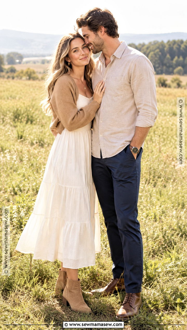 Ivory Midi Dress With Tan Ankle Boots - 15 engagement photos outfits september