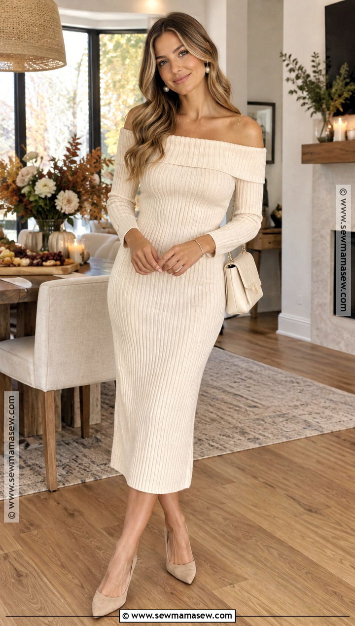 Ivory Off Shoulder Knit Midi Dress - 20 fall bridal shower dress for bride ideas