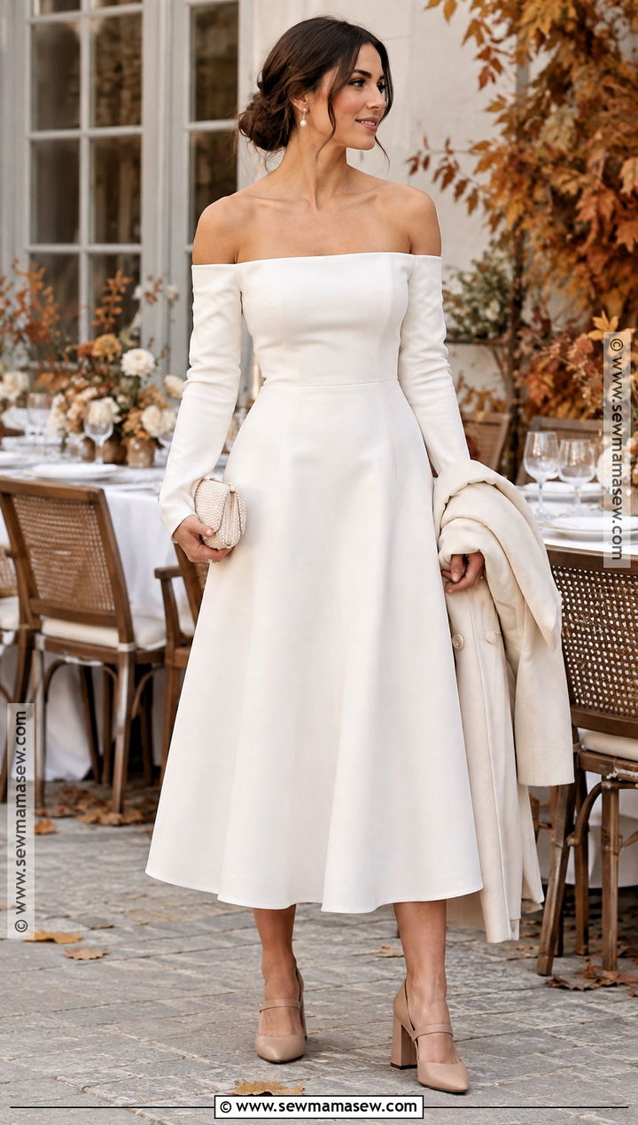 Ivory Off Shoulder Midi Dress Fall Bridal Shower Outfit - 20 fall bridal shower outfit for bride ideas